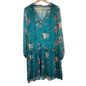 Anthropologie Maeve Emmy Women's L Teal Floral Sheer Drop Waist Shift Dress